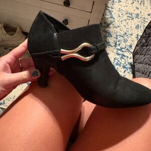 Black Suede Heeled Ankle Boot with Gold Accent